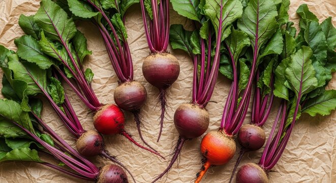 Fresh organic beetroots with greens on crumpled brown paper background