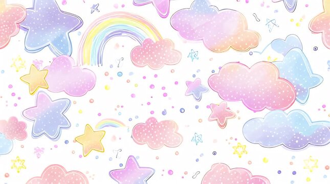 A whimsical, watercolor-style illustration features pastel clouds, stars, and rainbows scattered against a white backdrop. Dots and whimsical shapes accent