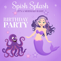 Children's birthday invitation card with a cute little mermaid and octopus. Vector illustration.