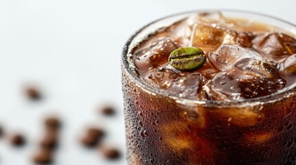 Refreshing iced coffee beverage with whole bean garnish perfect for summer time