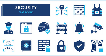 A set of flat icons related to Security. Shield, lock, face, recognition, CCTV, helmet, firewall, vest, fingerprint, barrier, and so on.