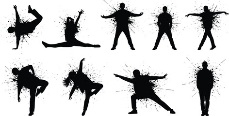 Black Silhouette Dynamic Action Vector Set with Ink Splatter: Hip Hop Dancers, Breakdance Moves, Energetic Performance, and Urban Art Graphics