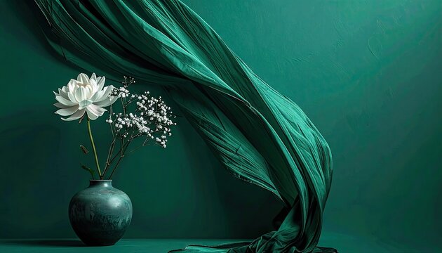 Elegant white peony flower in a textured dark vase with cascading emerald green fabric in a deep teal studio background with soft lighting
