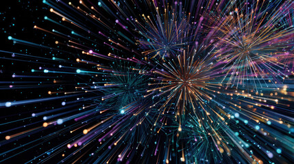 Colorful abstract fireworks burst with glowing lines and dots dark background, festive