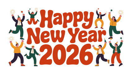 New Year 2026 Celebration: A lively animated image of individuals gathered to commemorate the commencement of the New Year, expressing exuberance and joy with festive sparklers in hand.