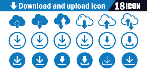 Blue download and upload icon set. Vector collection of 18 cloud and circular button symbols for data transfer.
