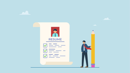 Professional businessman finish writing resume. Writing best resume or CV or applying new job, professionally describe work experience for advantages, career and recruitment.