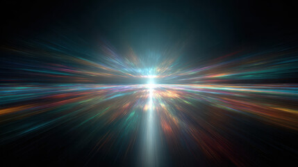 Colorful digital waves radiate from bright center, creating abstract, energetic background