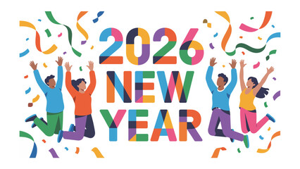 New Year 2026 Celebration: A vibrant visual encapsulates the dawn of 2026, with colorful confetti raining down as people jump for joy and celebrate the New Year.