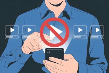 Man holding a smartphone with a video play symbol crossed out concept for censorship and content restriction vector illustration