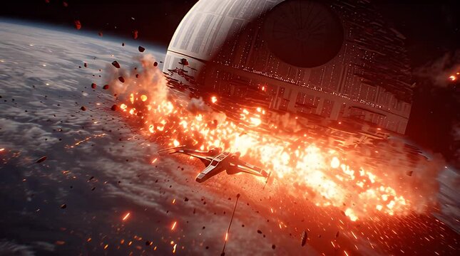 A spacecraft evades an explosion near a colossal space station above a planet, with debris scattered. The scene is illuminated by the fiery blast