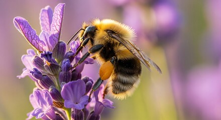 Bumblebee Pollinating Lavender Flowers Close Up Macro View of Bee Collecting Pollen on Purple Blooms in Garden or Field Nature Outdoors Detailed Insect Photography on Floral - High quality