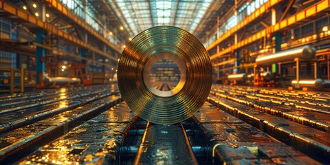 Golden steel roll on conveyor belt ready for industrial manufacturing process today