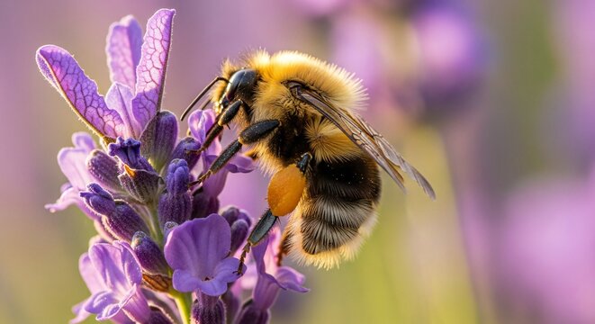 Bumblebee Pollinating Lavender Flowers Close Up Macro View of Bee Collecting Pollen on Purple Blooms in Garden or Field Nature Outdoors Detailed Insect Photography on Floral - High quality