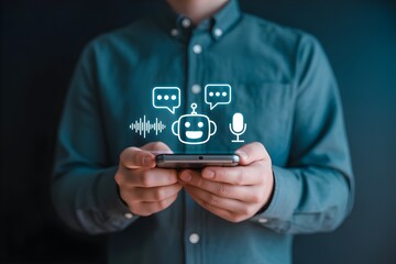 Man holding smartphone with chatbot icons representing AI assistant technology for customer service and communication