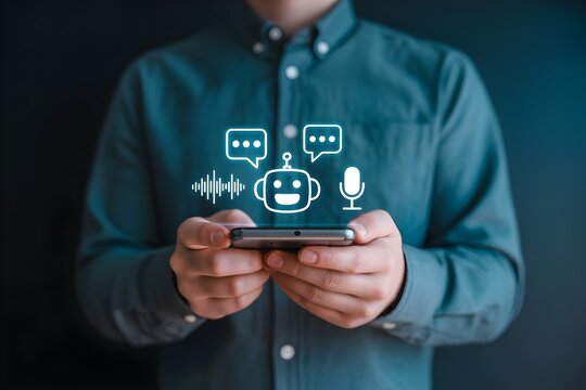 Man holding smartphone with chatbot icons representing AI assistant technology for customer service and communication