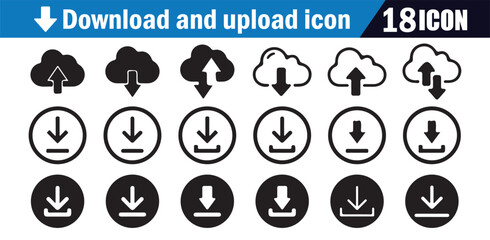 Download and upload icon set. Vector collection of 18 cloud and circular button symbols for data transfer.
