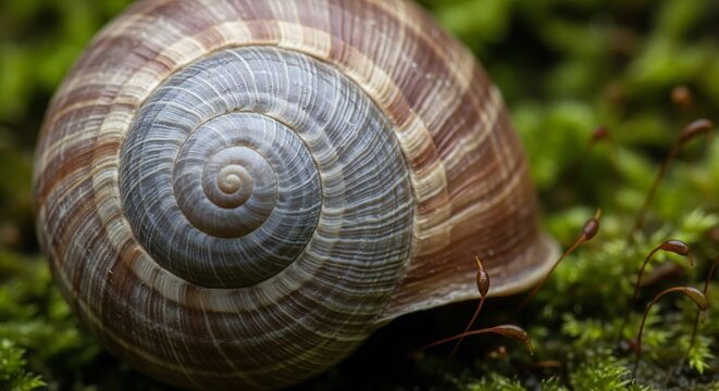 Snail Shell Spiral Pattern Close Up Macro View of Natural Design Organic Texture Brown and Gray Shell with Moss Background in Detailed Photography - High quality