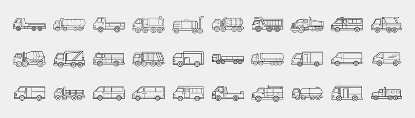 Delivery, Transport & Utility Vehicle Icons Set . Cargo Vans, Trucks, Industrial Machines & Service Vehicles Collection.