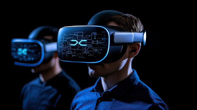 Two men immersed in virtual reality with VR headsets.