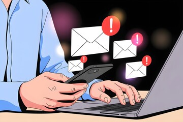 Person using a laptop and smartphone receiving multiple email notifications with exclamation marks indicating urgent messages