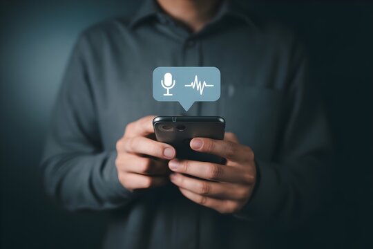 Man using voice assistant app on smartphone speech recognition technology voice command control dark background