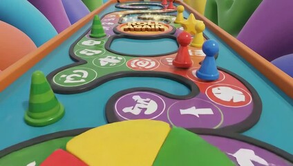 Colorful 3D Board Game path with Trophy Pawns and Spinner for Trivia