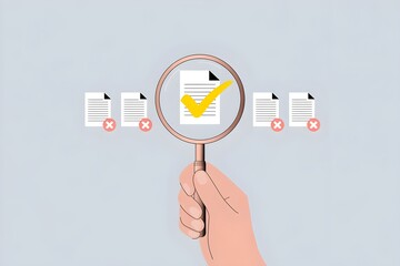 Fototapeta premium Document approval concept hand holding magnifying glass over approved file vector illustration for business process and quality control