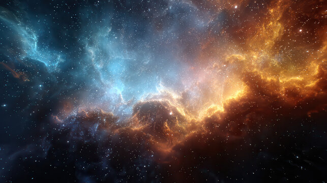 Vibrant cosmic nebula with swirling blue and orange hues