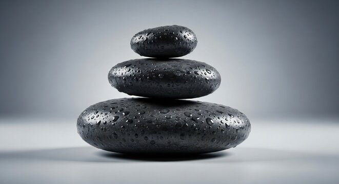 Stacked black stones with water droplets representing zen balance harmony and tranquility concept of wellness and meditation serene and calming imagery - High quality