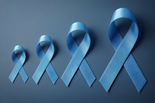 Row of blue ribbons awareness ribbons for prostate cancer and other causes arranged on a gray background