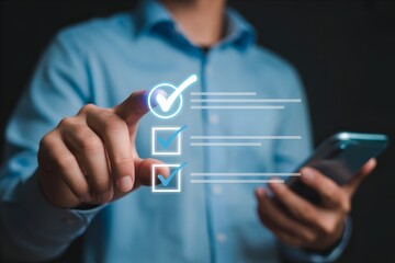 Man selecting checklist options on a digital interface using a smartphone for task management and project planning