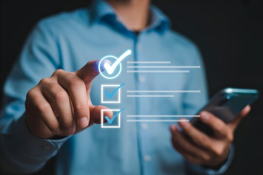 Man selecting checklist options on a digital interface using a smartphone for task management and project planning