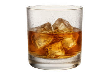 Whiskey drink on rocks in glass, refreshing alcoholic beverage with cold ice, transparent background