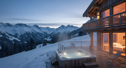 Relaxing mountain chalet with hot tub overlooking majestic snowy peaks at dusk for luxurious winter getaway