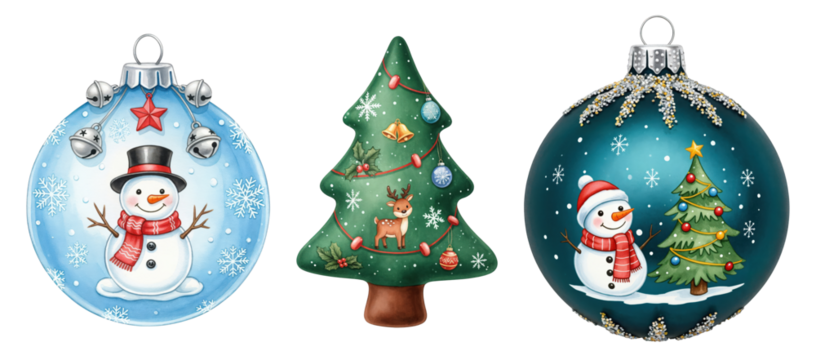 Colorful Christmas Ornaments Featuring Snowman and Christmas Tree Designs for Holiday Decorations