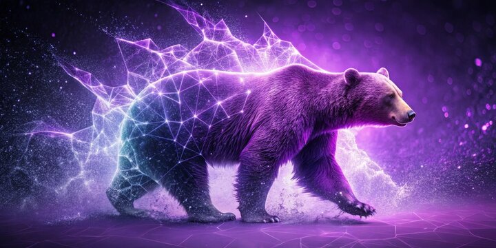 A majestic purple bear strides through a vibrant cosmic network, its powerful presence illuminated by ethereal energy