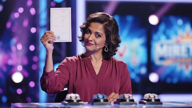 Game Show Host Presenting Trivia Question on Stage