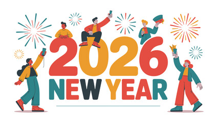 A New Year of Cheer: An artistic and colorful illustration depicting the spirit of the New Year, featuring diverse individuals celebrating the upcoming year 2026 amid a lively display of fireworks.