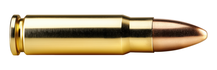 Side view of a brass ammunition bullet with copper projectile, isolated on transparent background