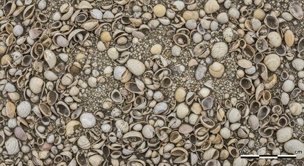 Close-up of varied seashells on sandy beach surface