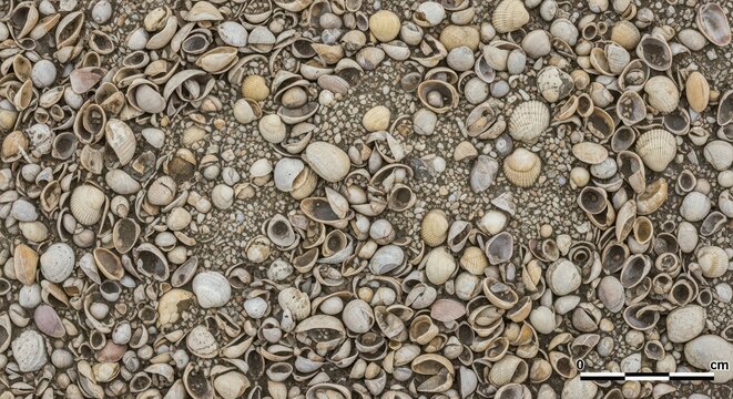 Close-up of varied seashells on sandy beach surface