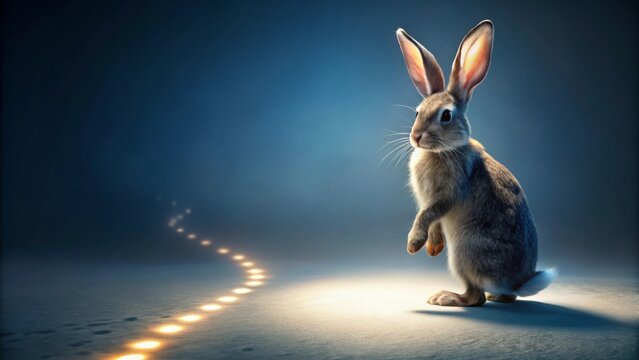 A Curious Bunny on a Luminous Path, Poised and Alert in a Mysterious Setting