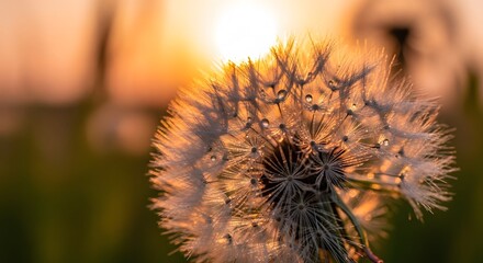 Dandelion seed head with dew drops glowing at sunrise