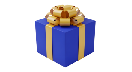 Blue gift box with gold ribbon isolated on transparent background