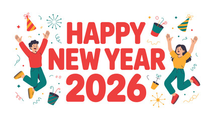 Festive New Year 2026: Celebrate the dawn of 2026 with a vibrant scene bursting with joy, featuring lively figures rejoicing against a backdrop of festive elements.