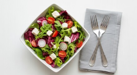 Fresh garden salad with feta cheese and radishes served with silverware on a napkin