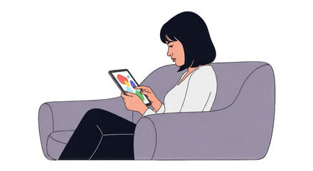 Woman engrossed in tablet sitting on a comfortable armchair.