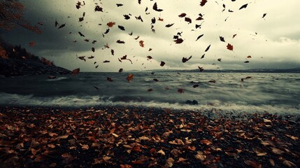 Autumnal Tempest - Leaves Dancing on the Shoreline Under a Stormy Sky.