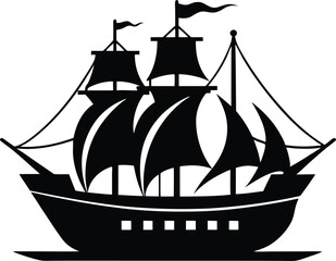Classic tall ship silhouette with full sails vector illustration